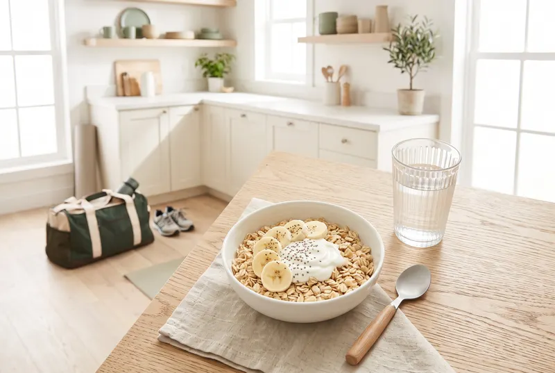 Schale mit Haferflocken, Banane und Joghurt neben einem Glas Wasser und einer Sporttasche in einer hellen Küche