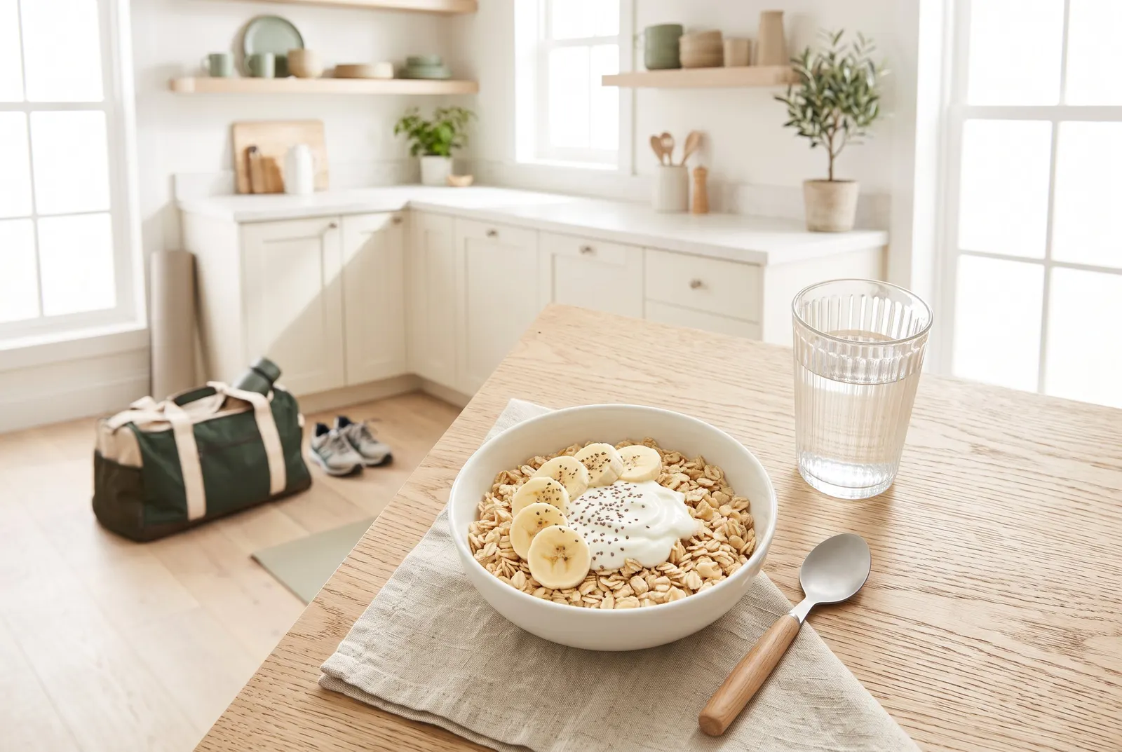Schale mit Haferflocken, Banane und Joghurt neben einem Glas Wasser und einer Sporttasche in einer hellen Küche