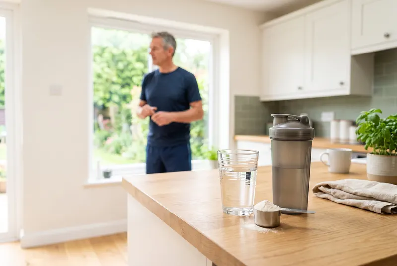 Glas Wasser, Messlöffel mit Kreatinpulver und Shaker auf einer Küchenarbeitsplatte, im Hintergrund ein Mann um die 50 in Sportkleidung