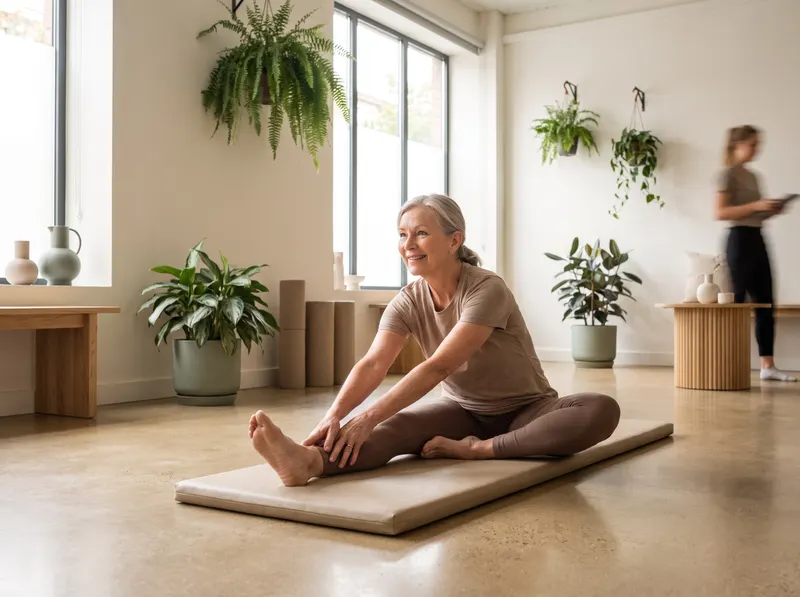 Frau bei einer Mobilisationsübung auf der Matte in einem hellen Studio