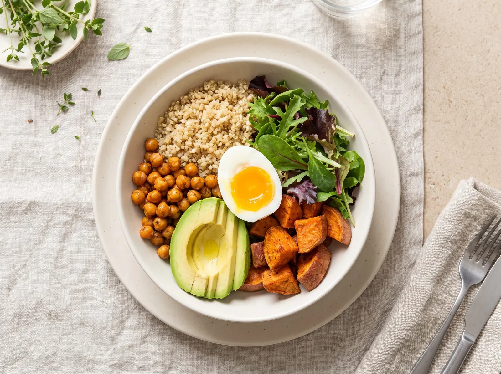 Bowl mit Quinoa, Kichererbsen, Avocado und Ei