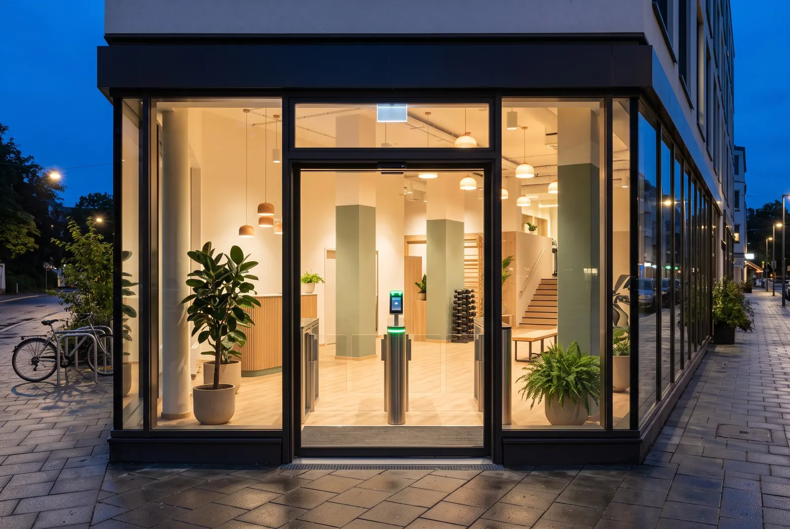 Beleuchteter Glaseingang eines Fitnessstudios am Abend mit Zutrittsschleuse im Inneren