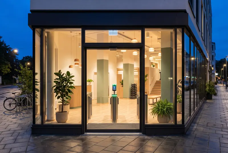 Beleuchteter Glaseingang eines Fitnessstudios am Abend mit Zutrittsschleuse im Inneren