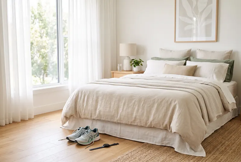 Helles Schlafzimmer am Morgen mit gemachtem Bett, Sportuhr und Laufschuhen neben dem Bett